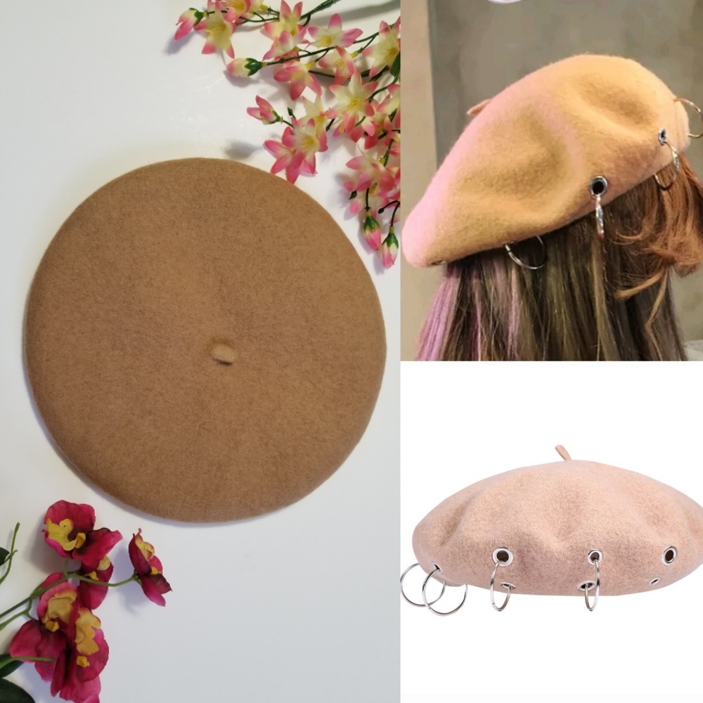 Camel Punk Beret grommets + hoops alternative winter hat